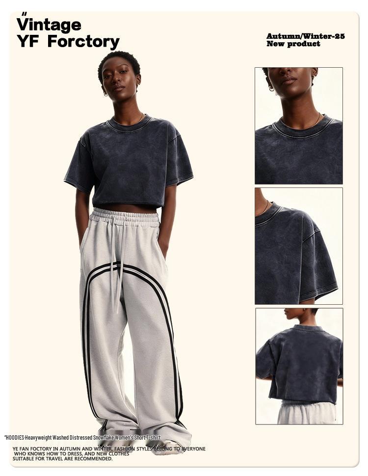Women's Washed Vintage Cropped T-shirt: Heavyweight 230g Pure Cotton, Retro Loose Fit, Short Sleeve Waist-Length Top