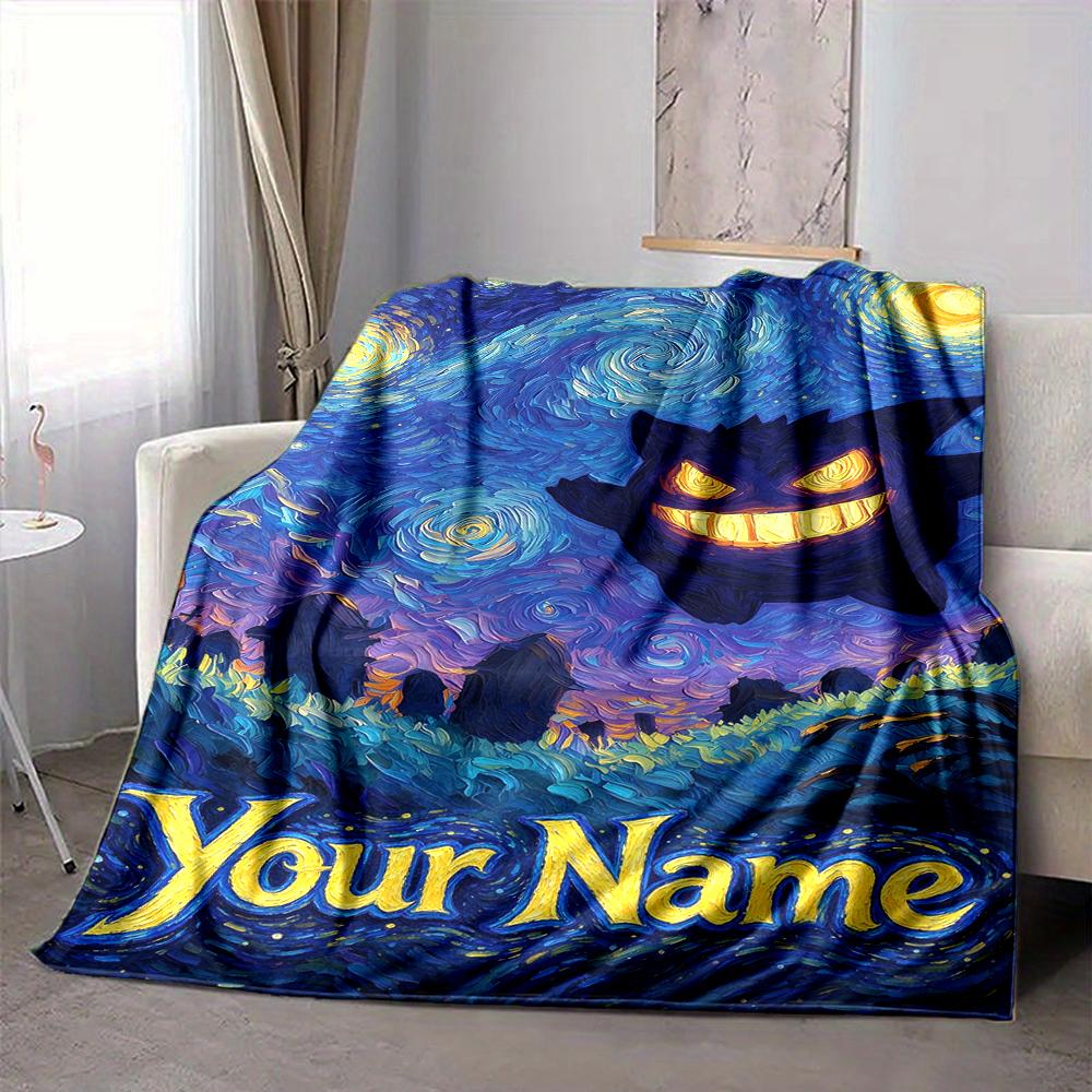 Custom 1Pc Starry Night Shadow Ghost Fleece Flannel Blanket Soft Warm Cozy Office Throw For Bedroom Couch Travel Birthday Xmas Gift