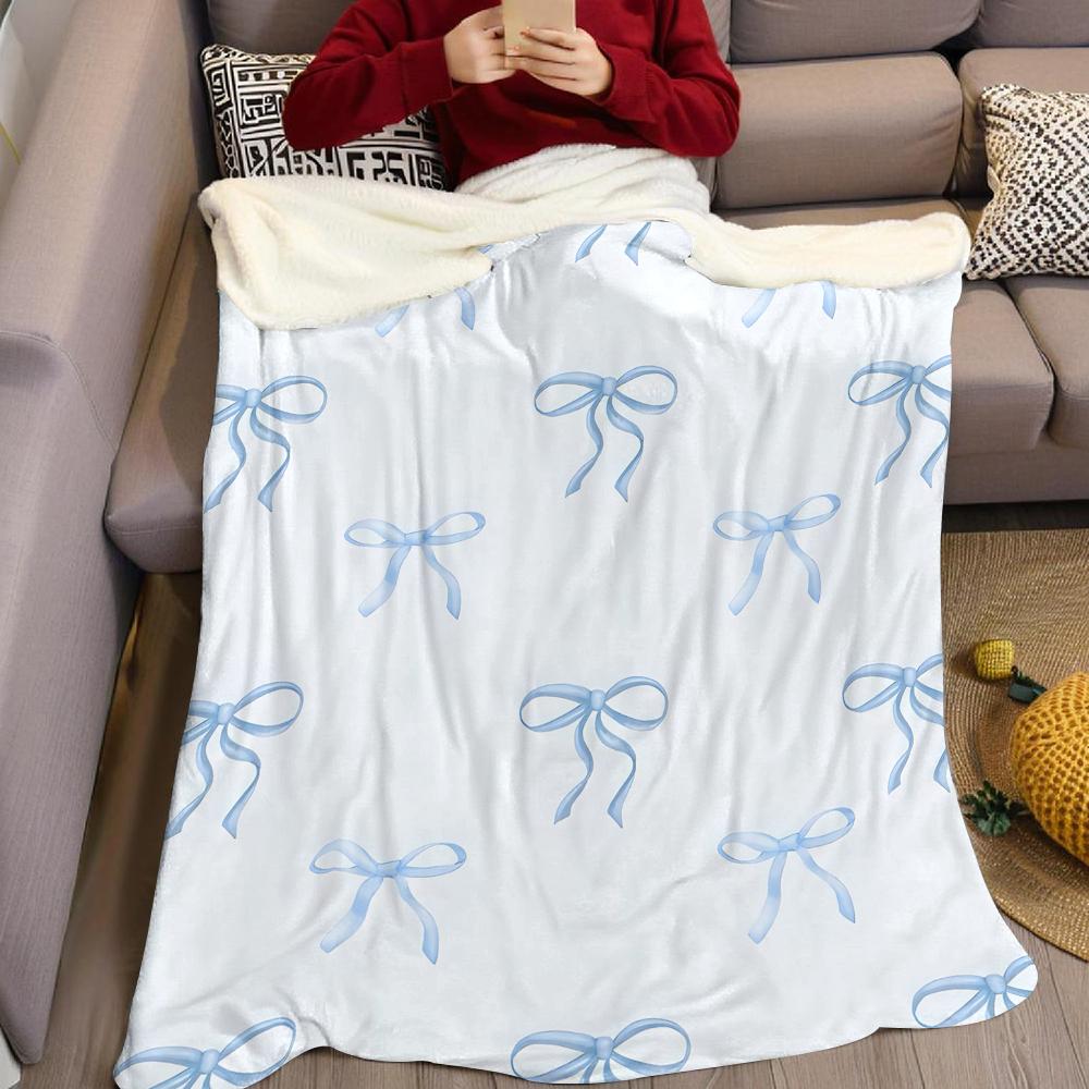 Baby Blue Bow Flannel Blanket Warm Soft Halloween Christmas Couch Warm Cozy Decorative Decor Gift for All Season