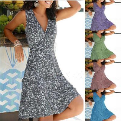Kleid mit Polka-Punkt-Print Damen Ärmellos Bandage Strandkleid Sommer Böhmische Kleider für Damen Lässige V-Ausschnitt Kleider Damenrobe