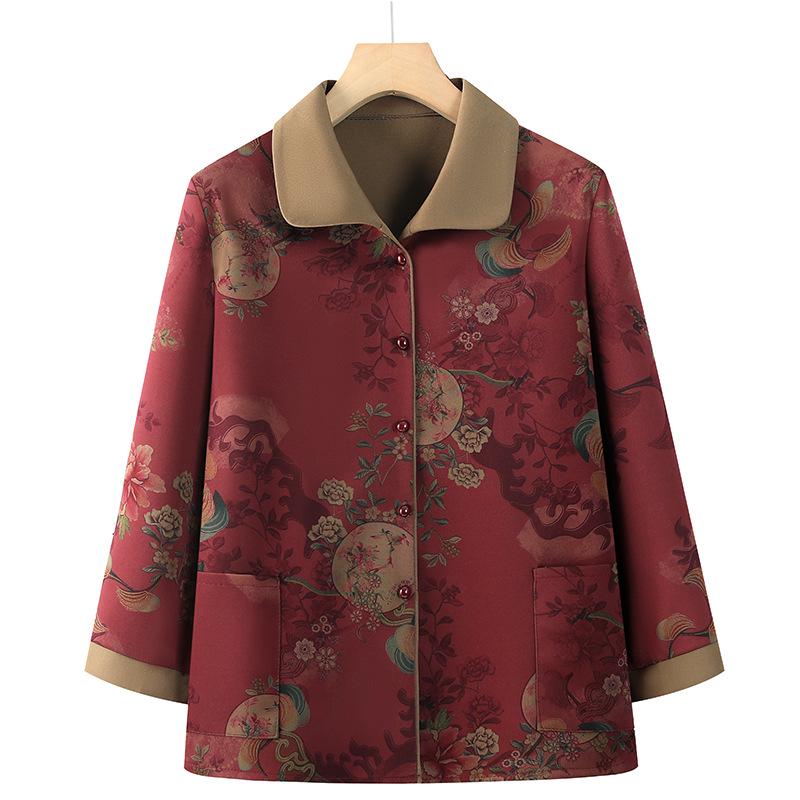 Grandma's Long-Sleeve Floral Shirt for Women Aged 60-80 - Spring/Autumn Turn-Down Collar Jacket