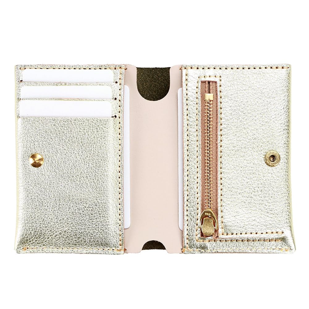 AGILITY affa „Vibret Bifold Wallet“ - Stilvolle Mini-Geldbörse, echtes Leder, Gold und Silber, hergestellt in Japan für Damen.