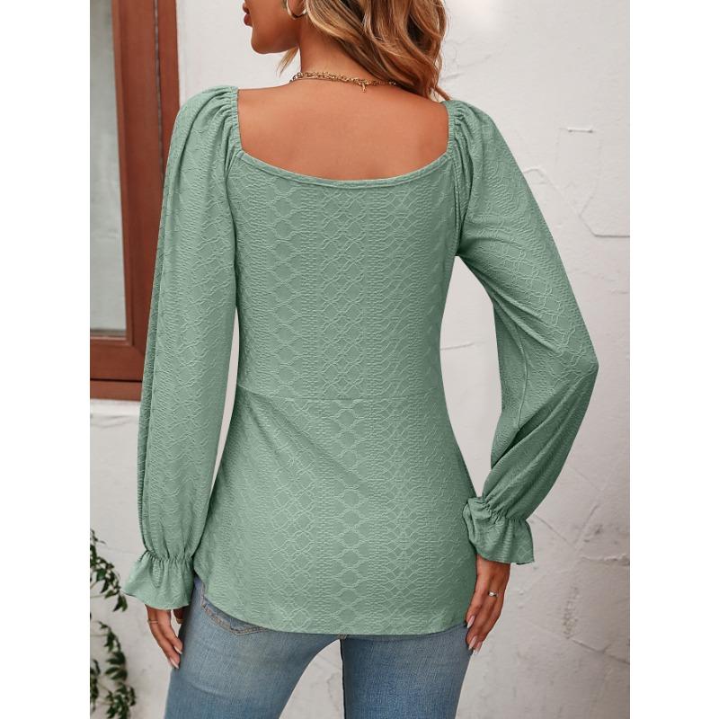 YYFS Women's Fashion Casual Spring Fall Solid Color Print Long Sleeve V-Neck Blouses & Shirts