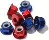 Set of 8 lightweight aluminum wheel nuts (4 blue, 4 red) for Tamiya 101 scale vehicles. Includes plastic flanges. Ideal for weight reduction and