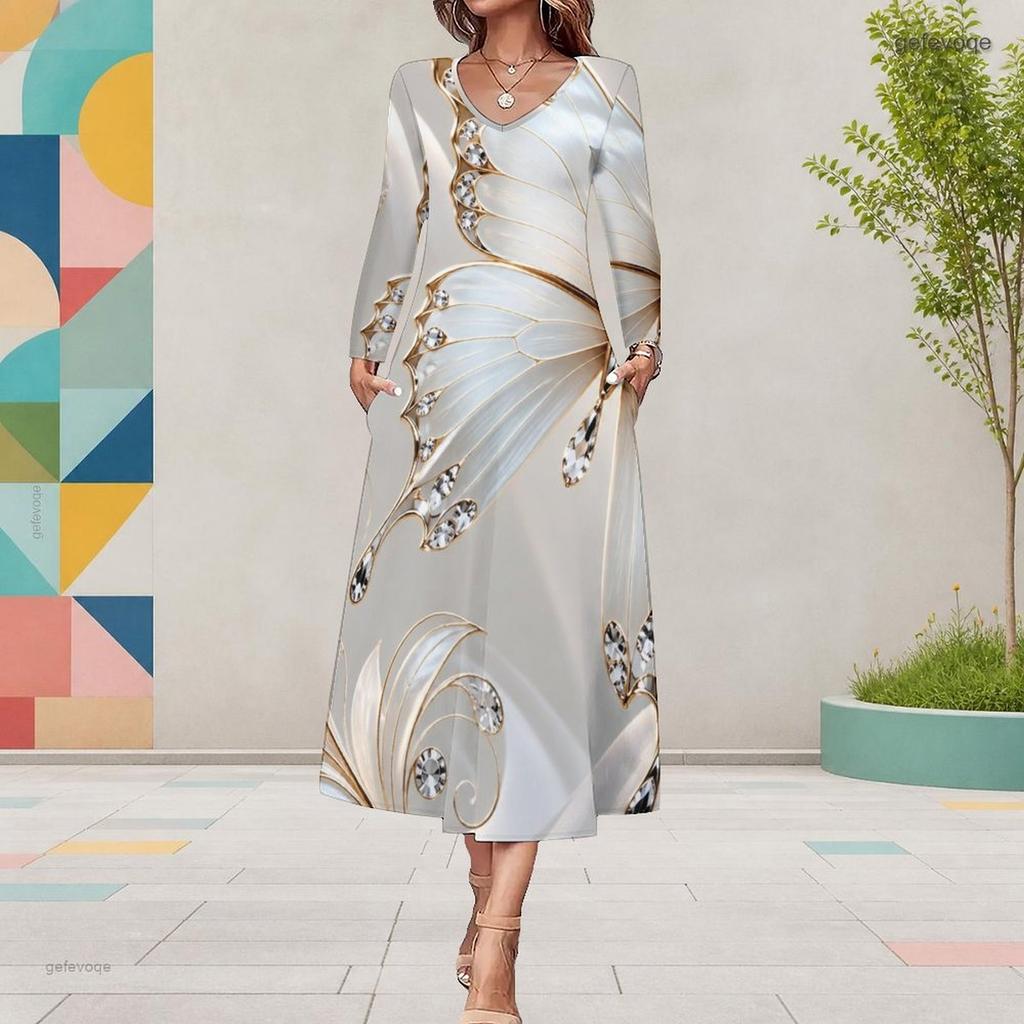 Women Plus Size Round Neck Long Sleeve Black Butterfly Printed Midi Dress With Pockets