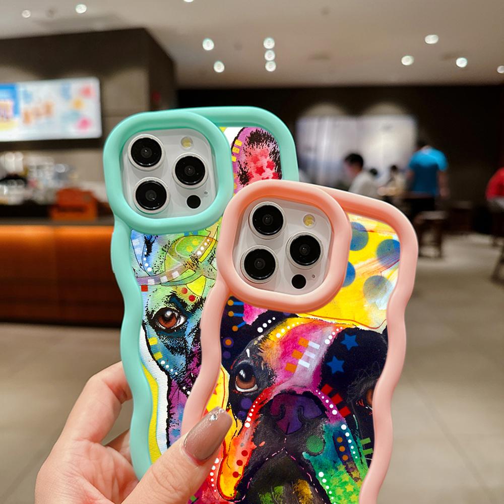 Macaron Big Wave Soft Phone Case for iPhone 11 12 13 14 15 Samsung A13 A14 A15 A24 A53 A54 A55 Xiaomi Redmi Note 13 12C Cover A44 French Bulldog Dog