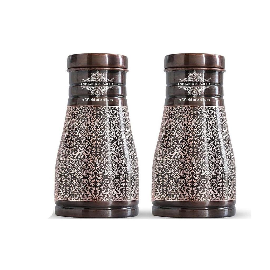 VILLA Pure Copper Bedroom Water Bottle with Inbuilt Glass, Dark Embossed Design, 900 ML Capacity (Pack of 2)