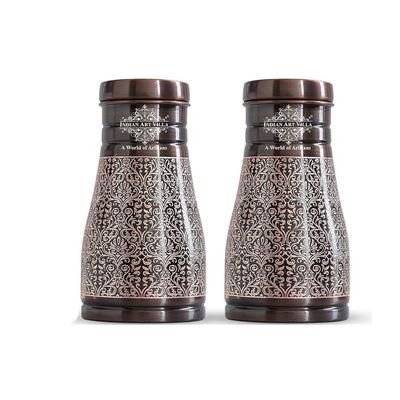 VILLA Pure Copper Bedroom Water Bottle with Inbuilt Glass, Dark Embossed Design,  900 ML Capacity (Pack of 2)