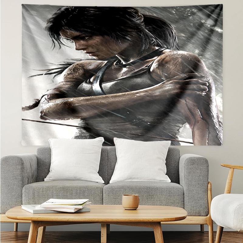 Tomb Raider Print Tapestry, Backdrop, Easy Setup, Ideal for Bedroom, Office & Living Room, with Aesthetic Wall Hanging Decor.