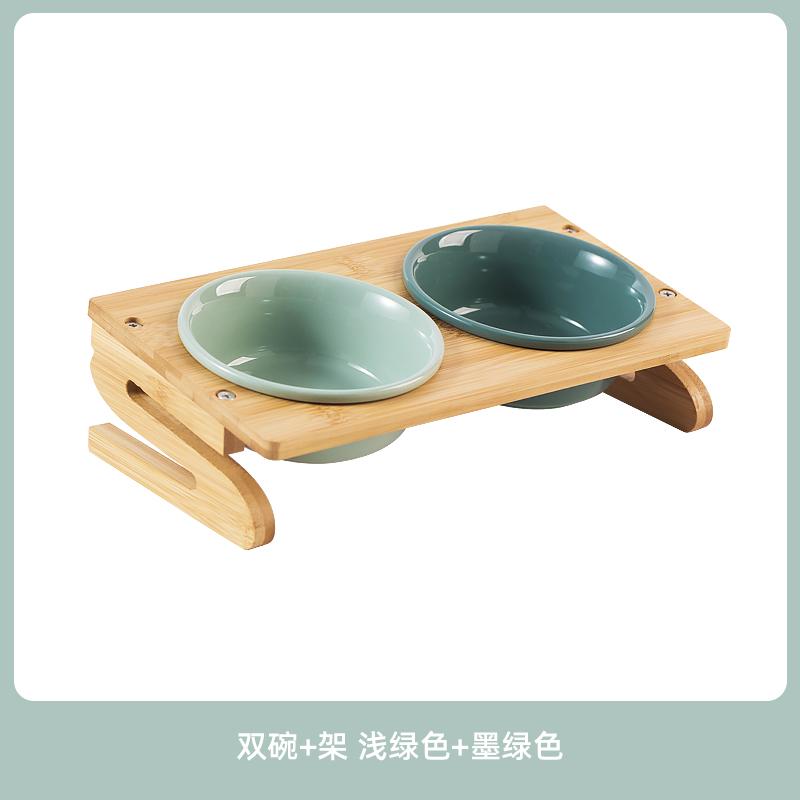 Tilted Ceramic Pet Bowl Bamboo Wood Stand Neck Protection Anti Spill Food Water Dish for Corgi Small Dogs Cats