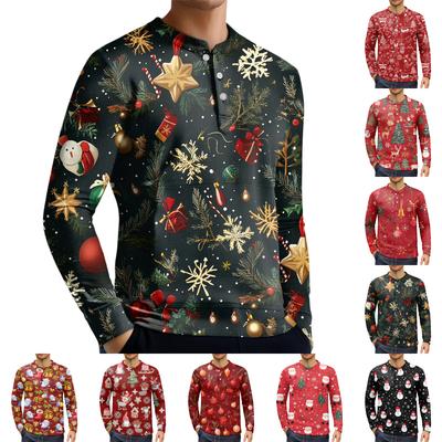 Men's Casual Button-Down Sweatshirt Fashion Printed Long Sleeve Shirt Pullover