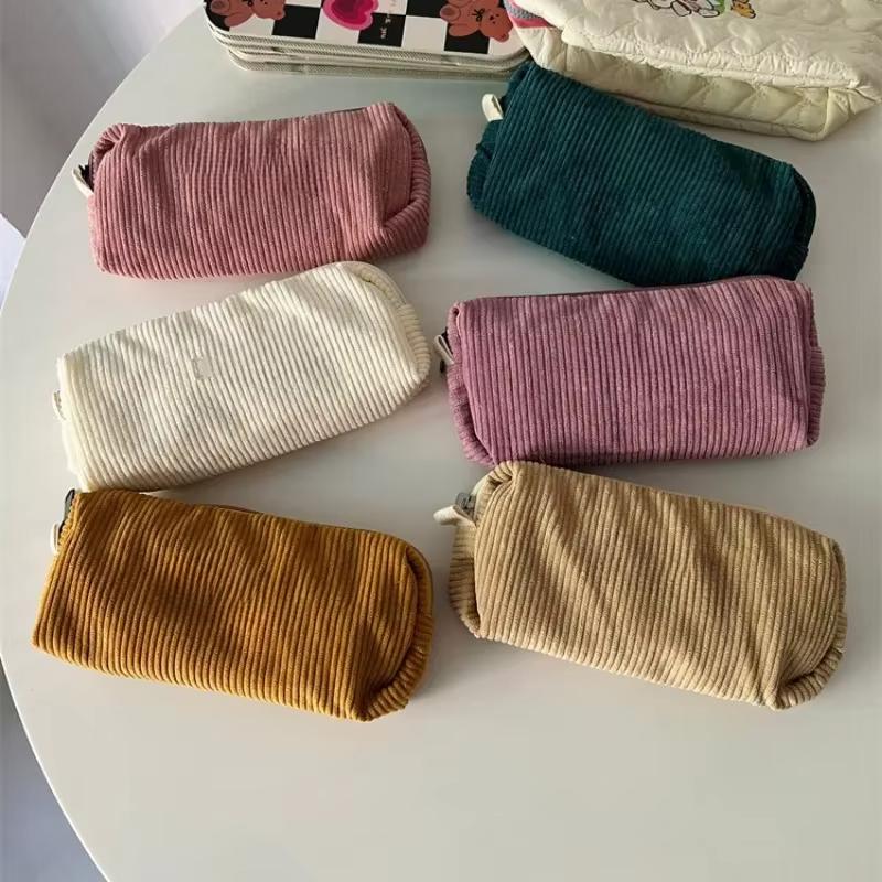 Protective Storage Bag Corduroy Pencil Case INS Style Large Capacity Bag Zipper Office School Supplies,has Random Logo Print