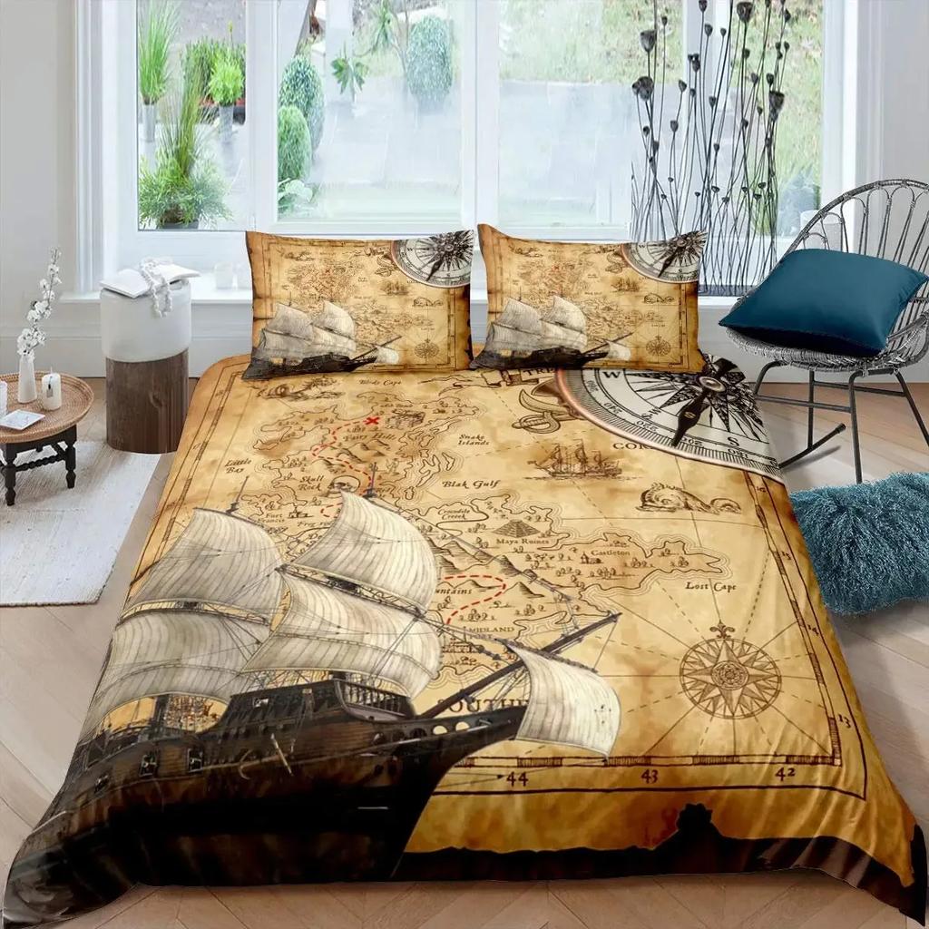 Nautical Duvet Cover Set Boat Pirate Bedding Set King Size Retro Sailboat Brown Comforter Cover Anchor Compass Vintage Quilt Set