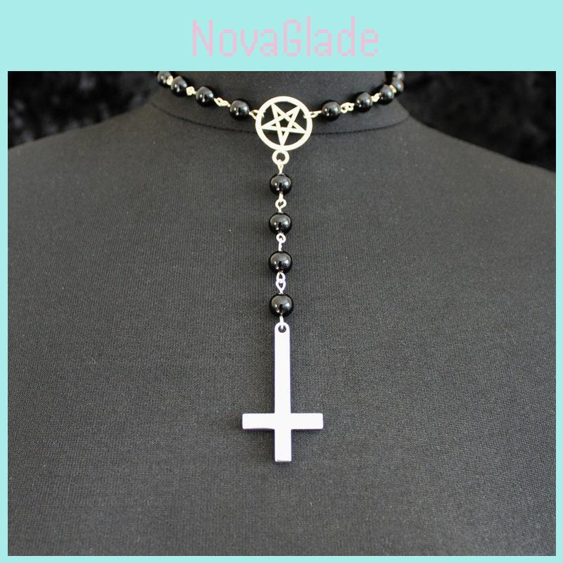 Geometric Alloy Pendant Necklace With Pentagram And Inverted Cross For Women