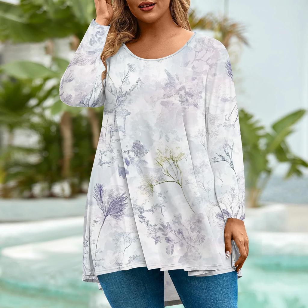 Women's Fashion Large Size Round Neck Long Sleeve Casual Print Loose Pullover Top