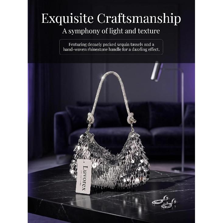 Silver Sequin Fringe Clutch Purse for Women, Evening Bag