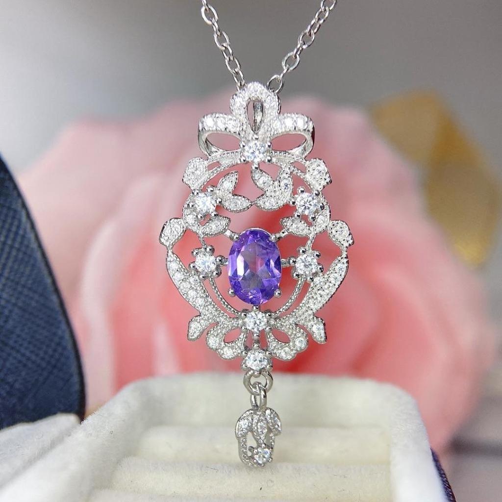 Natural Amethyst S925 Silver Pendant Necklace - Women's Creative Temperament Design