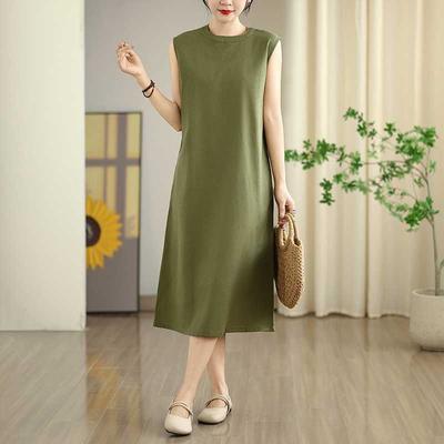 Rochie fără mâneci de vară pentru femei cu nasture la spate, din in, cu guler înalt, rochie literară retro, croială lejeră, temperament, fustă subțire în formă de A