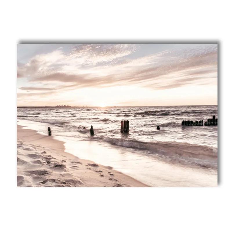 Beige Landscape Sunset Bridge Poster Seaside Canvas Print Painting Reed Flower Bird Wall Art Nordic Living Room Decoration Mural