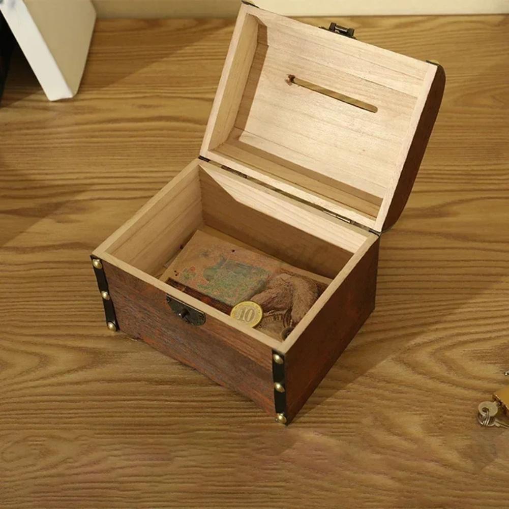 Retro Wooden Treasure Chest Piggy Bank with Lock Secure Coin Storage Box for Home Decor and Personal Valuables
