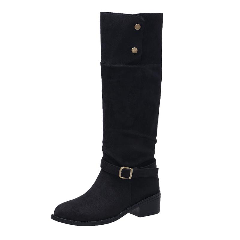 

Knee High Boots Women s Fashion Round Toe Studded Metal Buckle Non-Slip Wear-Resistant Block Heel Suede Single Boots 42 чорний