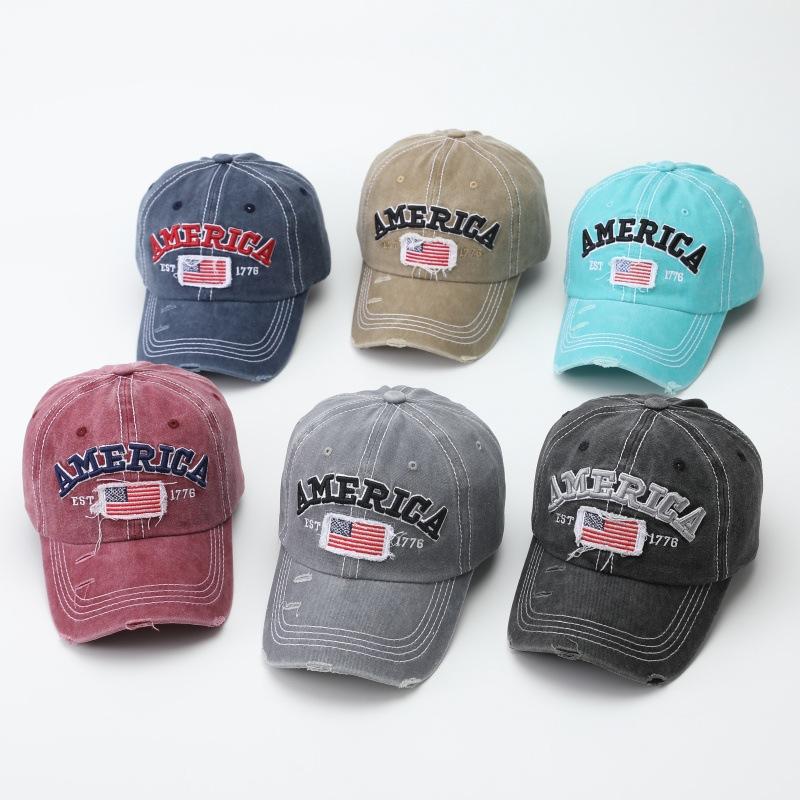 AMERICA Alphabet Baseball Cap Washed Ripped Baseball Cap Female American Flag Cap Amazon Popular