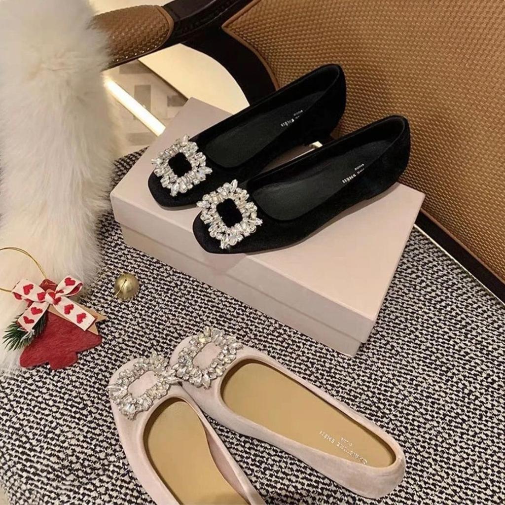 French Round Head Gentle Grandma Wind Shallow Mouth Single Shoes Women's Rhinestone Flat Bottom Round Head Commuting Shoes Women's New Spring