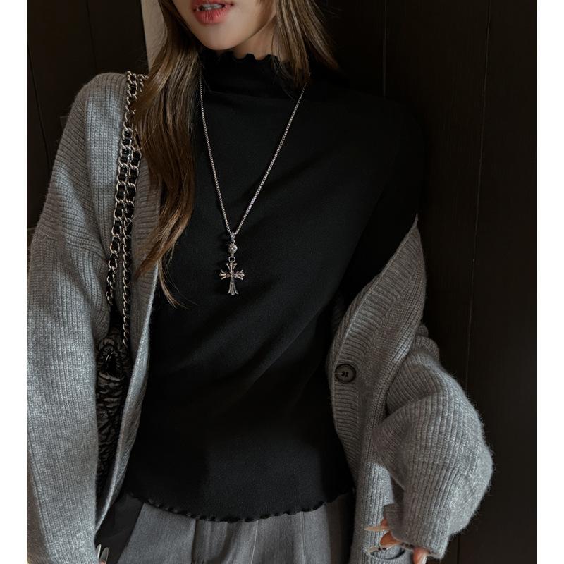 Autumn Winter Half-high Collar Fungus Edge Slim-fitting Bottoming Shirt for Women To Wear with Simple Solid Color Clothes Tees