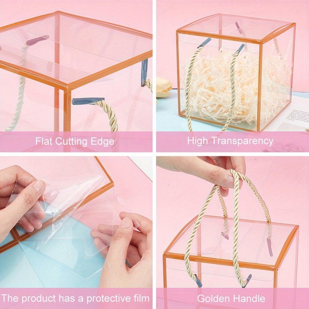 6pcs Golden Transparent PVC Gift Boxes with Polyester Cord Handles Clear Square Display Cases for Storage & Presentation