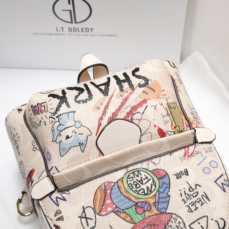 Hvauen Cute Graffiti Bear Backpack Women's New Large-capacity Fashion Casual Women's Bag