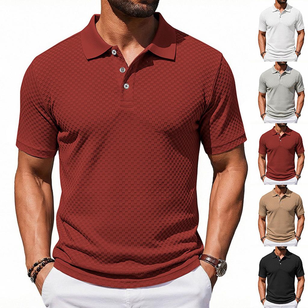 Men's Short Sleeve Polo Shirt with Textured Pattern Classic Fit Button Down Collar Lightweight Casual Top