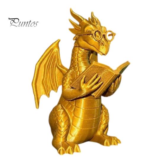 Collectible Dragon Ornament Reading Figurine with Glasses, Statue, 3D Printed Statue Bookshelf Decor, Whimsical Desktop Ornament, Gift for Book Lovers