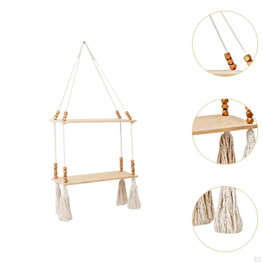 Boho Macrame Wall Hanging Shelf Wooden Display Easy to Install 2 Tiers Decoration