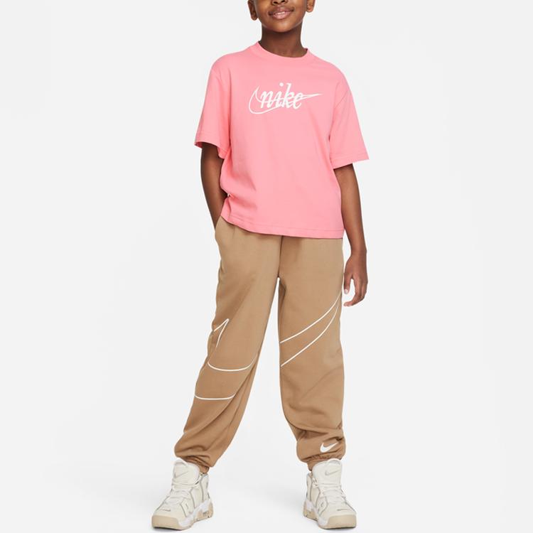 Nike Dri-Fit Letter Logo Print Loose Round Neck Short Sleeve T-Shirt Kids Tops Coral-Pink FD0941-611