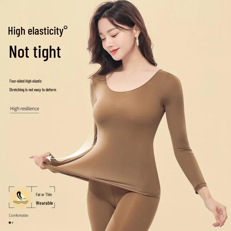 Women's Hyaluronic Acid Skin-Enhancing Thermal Underwear Set: Long Sleeve Top & Long Pants, Round Neck, High Elasticity, Warm Autumn Wear.