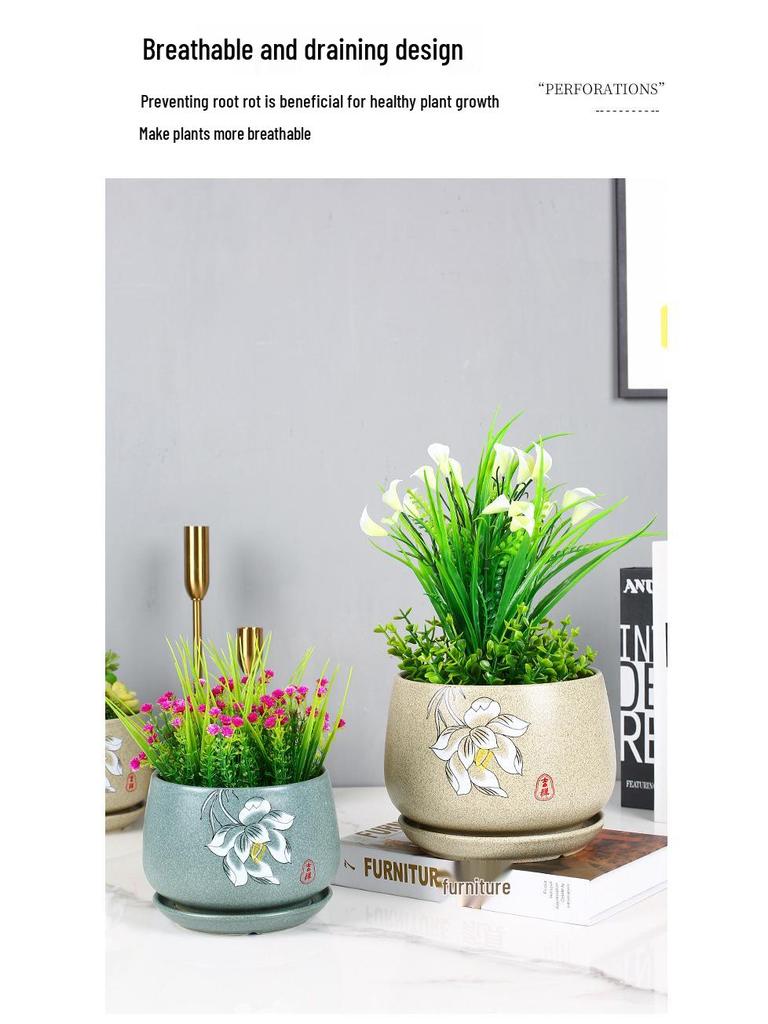 Kalanchoe Desert Mountain Rose Ceramic Succulent Pot with Tray & Silk Flower