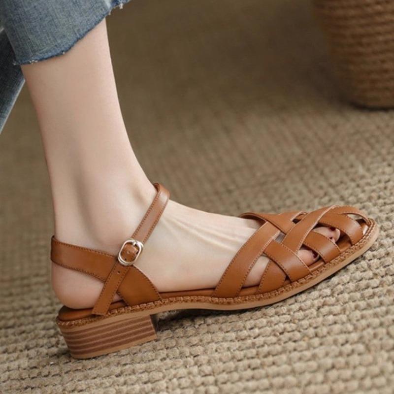 Fashion Retro Braided Toe Sandals 2025 New Style Thick Heel Low Heel One-strap Roman Women's Shoes