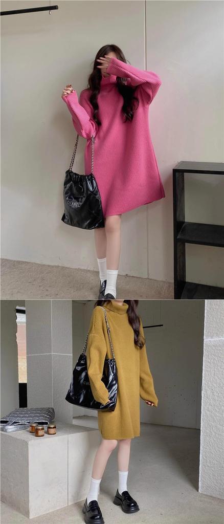 Korean Style High Neck Loose Sweater Dress - Petite Medium Length, Autumn/Winter