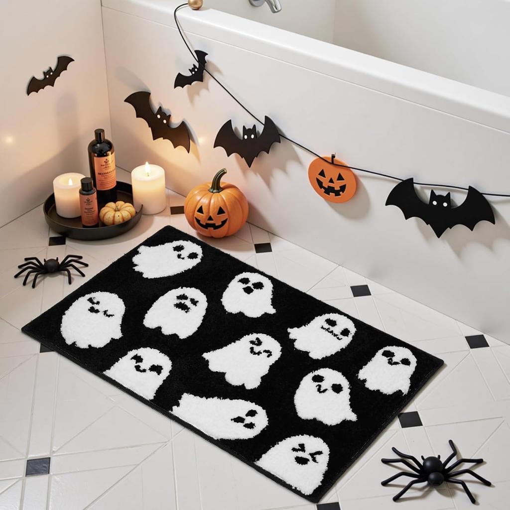 Halloween Bathroom Rug Spooky Black White Ghost Bath Mat for Halloween Bathroom Decor Non-Slip Washable Ghost Bath Rug for Front Doormat, Bedroom Rug
