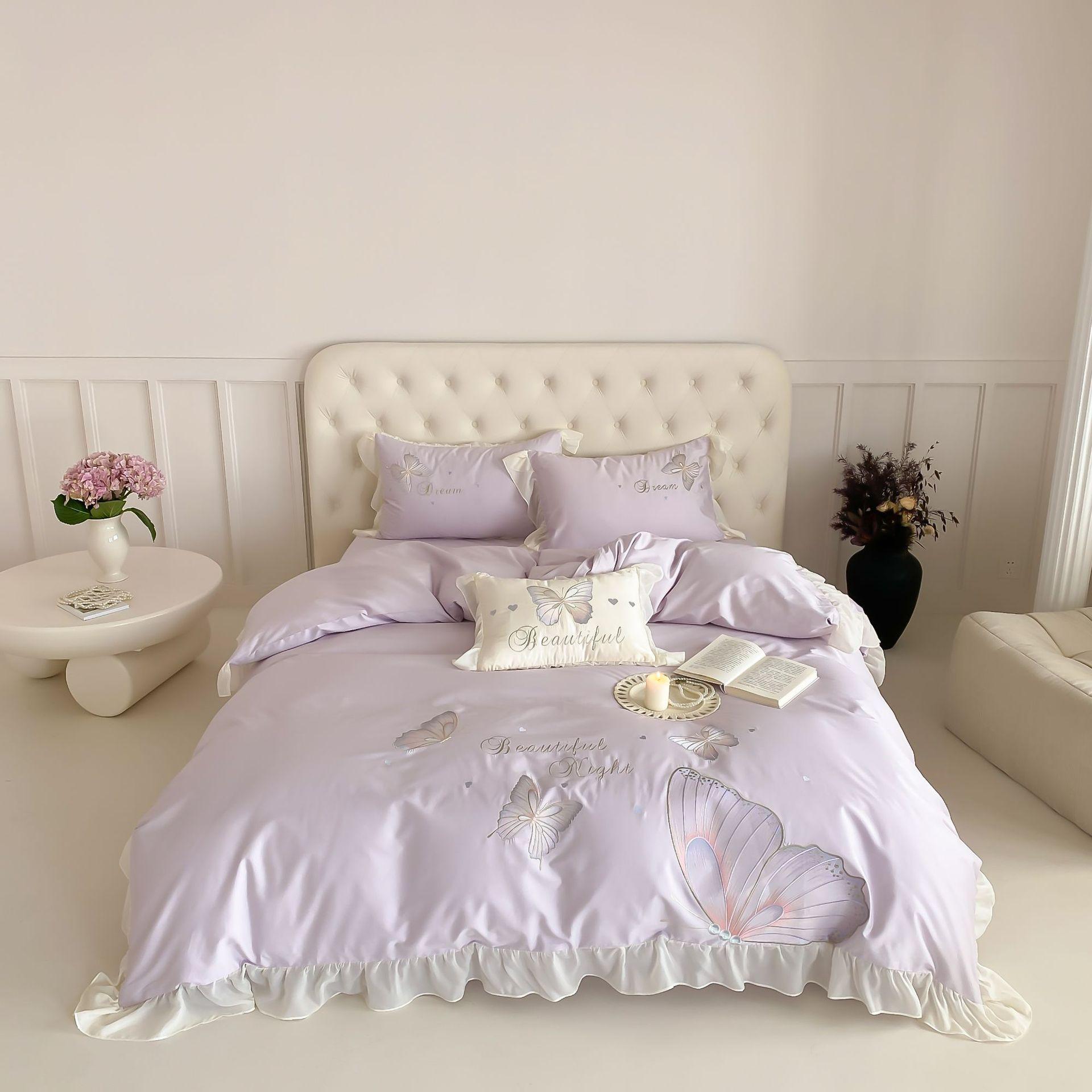 

Кружевной Хлопковый Постельный Набор из Четырех Предметов Принцесса Ветер Вышивка Бабочками Приятный к Коже Дышащий Простыня Пододеяльник Наволочка Набор 2.0m bed