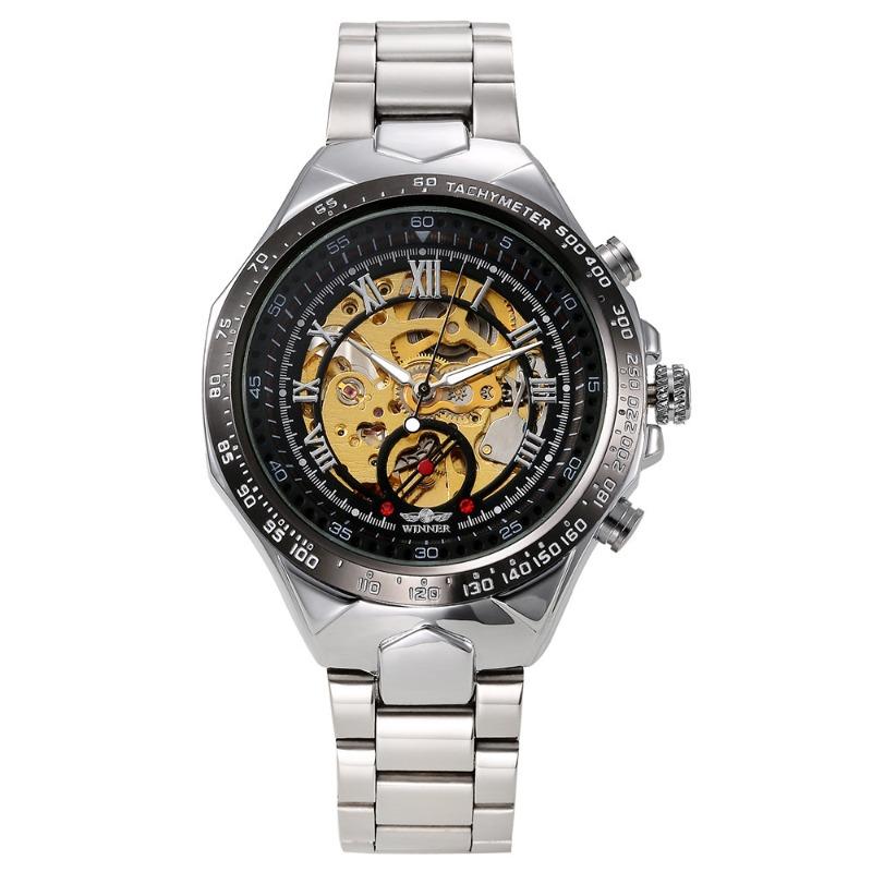 WINNER WINNER Men's Personality Fashion Gold Half Steel Hollow Semi-Automatic Mechanical Watch