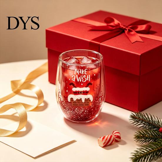 Klarer Borosilikatglasbehälter Doppelwandiger Glasbecher, mit Dekorationen im Stil von Weihnachtsmann/kleinem Baum/Stapel/Tasche, Geschirr für Familientreffen Treibsand