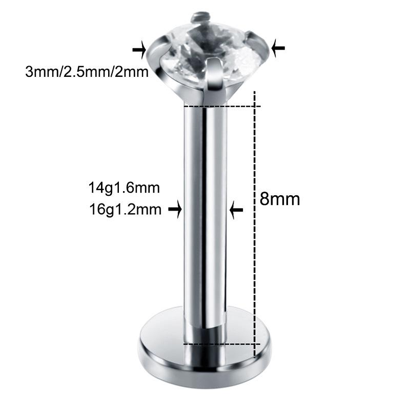 G23 Titanium Diamond-Set Internally Threaded Lip Stud 16G, 3-5mm
