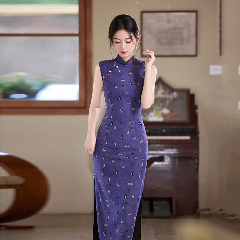 Purple sleeveless national style new Chinese daily Suzhou long cheongsam improved young 1011 new women's high sense