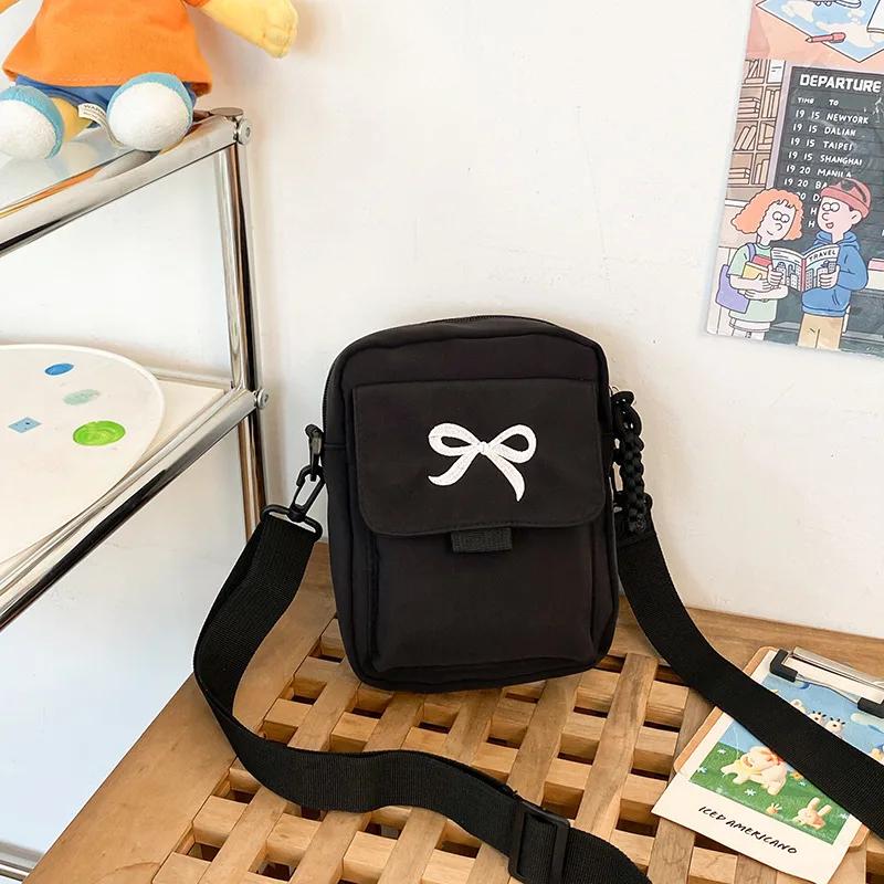 Fashion Bow Women's Nylon Shoulder Bag Solid Color Versatile Mini Crossbody Bag Trendy Multi-purpose Mobile Phone Storage Bag