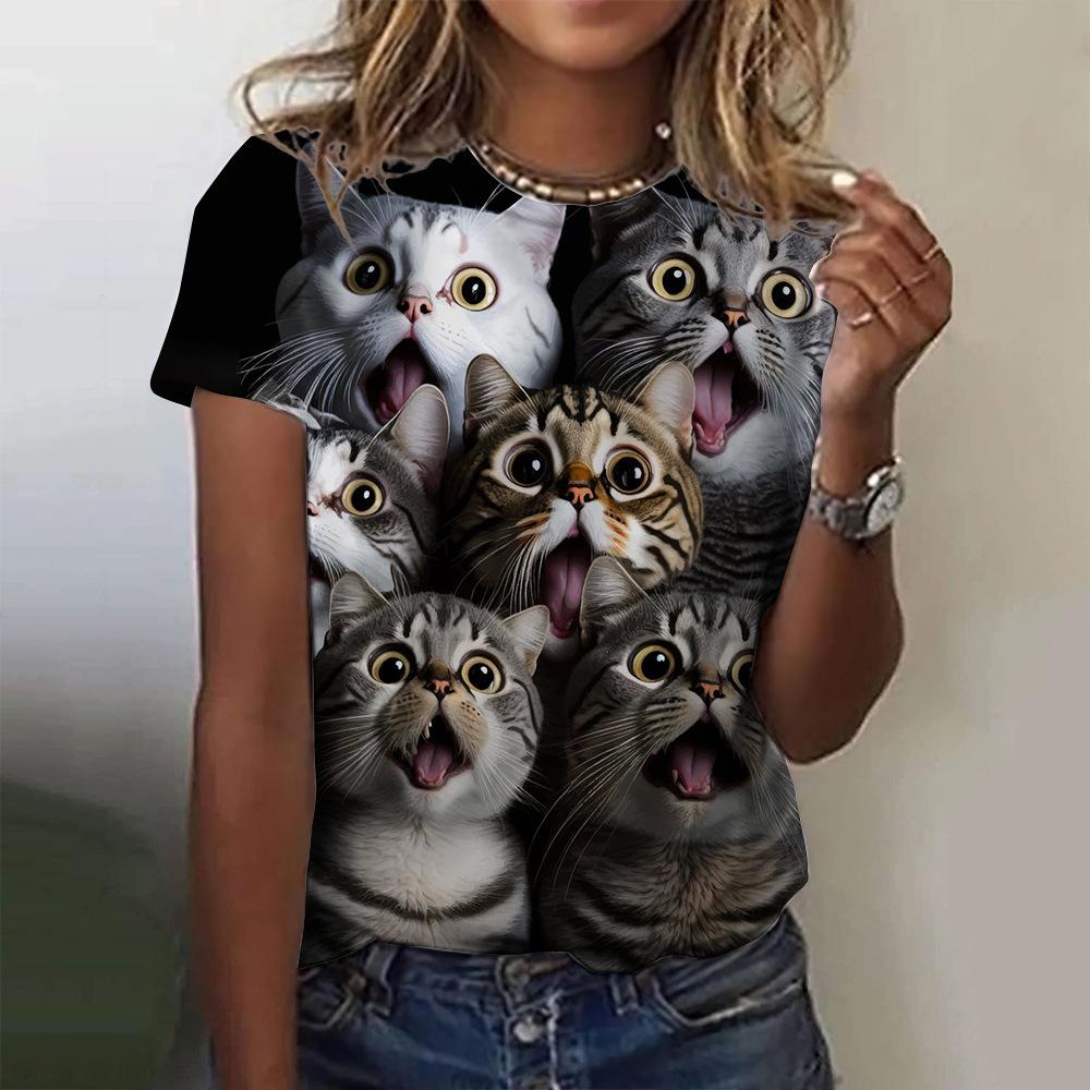 Summer Round Neck 3D Cat Print Top Fashionable Casual Short Sleeved Women's T-shirts