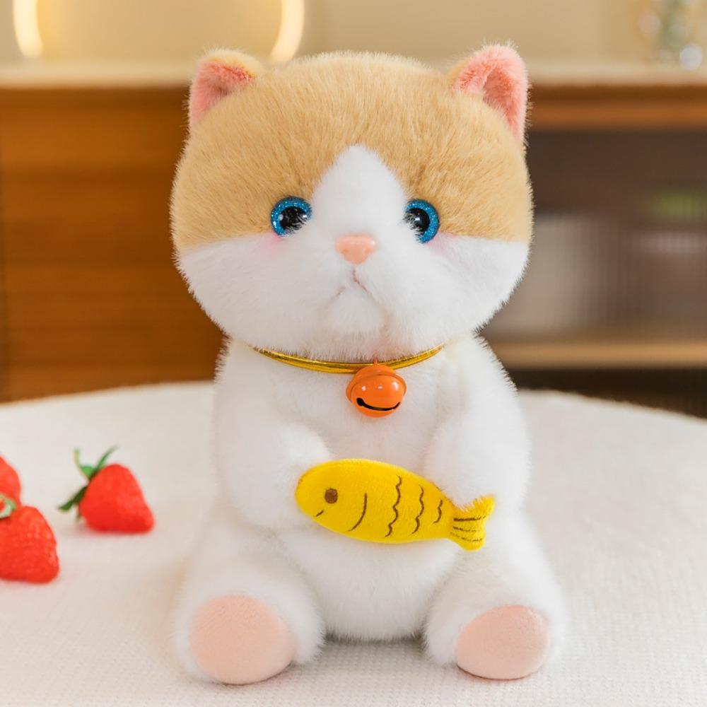 Bell Collar Little Cat Plush Doll Stuffed Little Cat Plush Toy Eating Fish Cat Plush Toy  Kids
