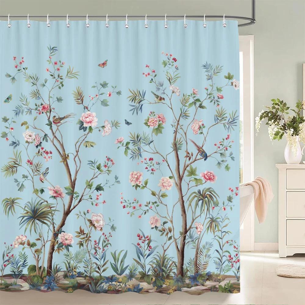 Nordic style Flower Leaf Plant Printed Fabric Shower Curtains Floral Bath Screen Waterproof Products Bathroom Decor with Hooks