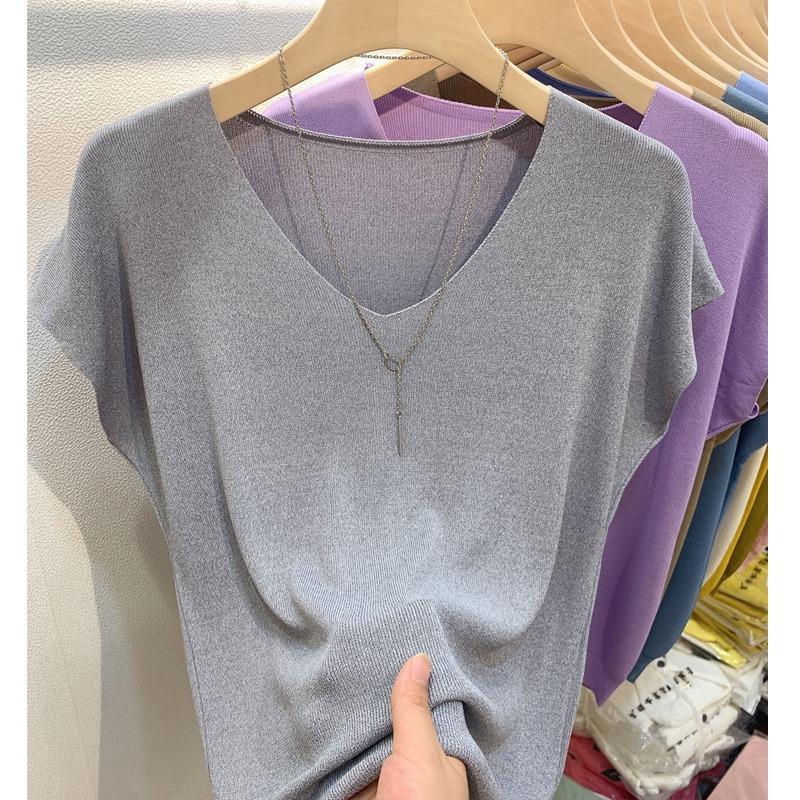 Summer New Thin Fashion Bat Sleeve Casual Loose Knitted Shirt Women Solid Elegant Ice Silk Blouse Women Simple Slim Office Ladies Shirts Tops 26633