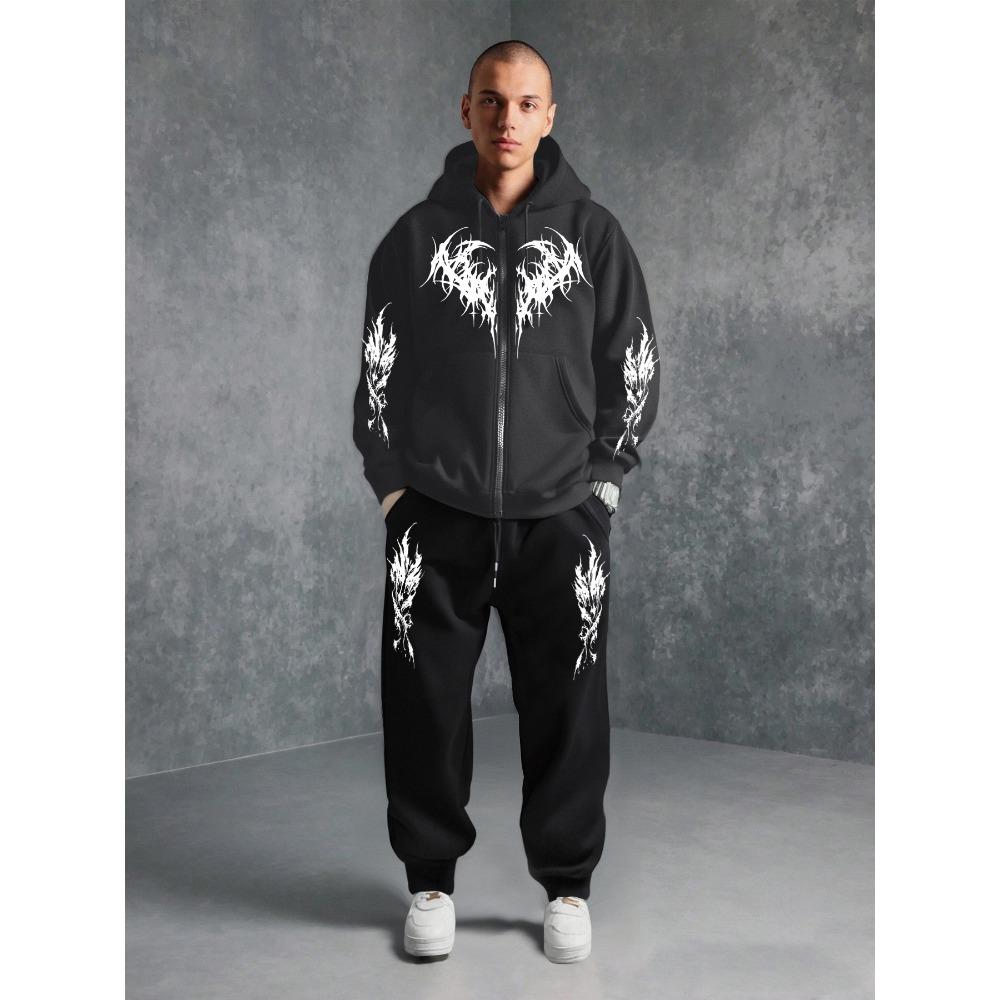 Men's Dark Printed Zipper Hoodie and Casual Jogging Set, a Trendy Street Set for Trendsetters, a Must-have for Fashionable Men